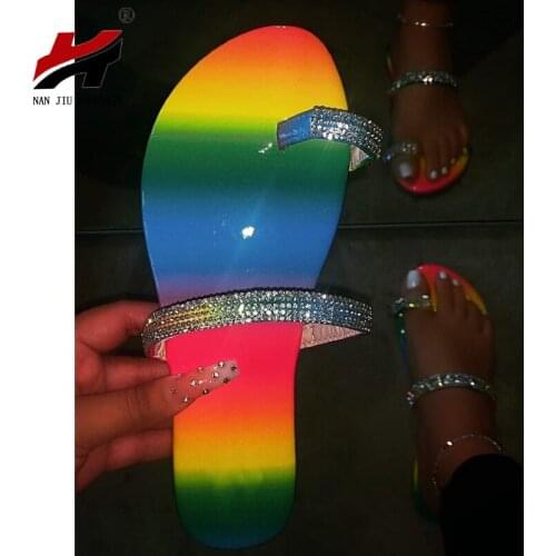 NAN JIU MOUNTAIN 2020 Summer Flat Women Sandals Handmade Rhinestones Slippers Rainbow Beach Shoes Simple Open Tea Women Shoes