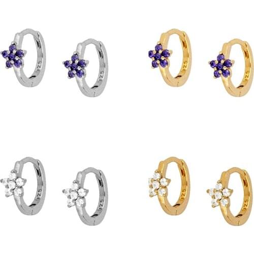 925 Sterling Silver Star Flowers Hoop Earrings for Women Luxurious Purple Crystal Earring Wedding Anniversary Party Jewelry