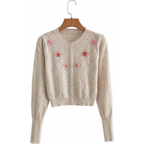 New Women Vogue Embroidery Single-breasted Knitted Cardigan Long Sleeve O-Neck Vintage Female Cropped Sweater Chic Tops