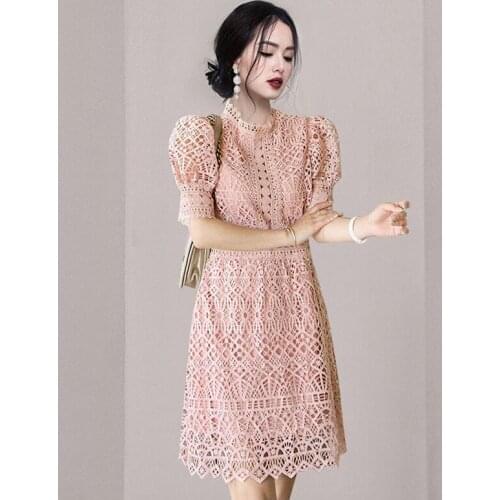 LLZACOOSH Top Quality New 2021 Summer Women Elegant Beautiful Solid Lace Puff Sleeve Stand Collar Knee Lenght Party Dress