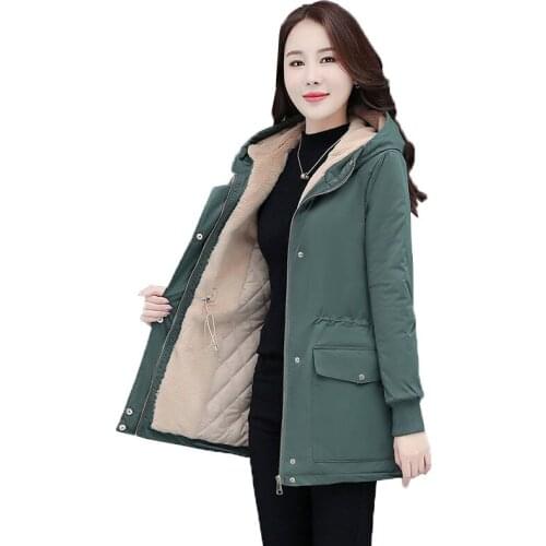 Winter Women Parka Hooded Jacket Mid Length Loose plus velvet Warm Coat Female Windbreaker Jacket Korean Casual Plus Size Tops