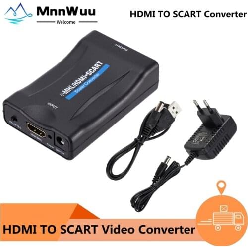 1080P HDMI-compatible to SCART Video Audio Upscale Converter Adapter for HD TV DVD for Sky Box STB Plug and Play DC Cable