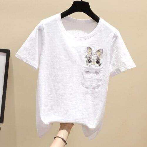 2021 Summer New 100% Cotton Women T-Shirts Rabbit Embroidery Solid Loose Solid White Top Tees Lady Female Fashion Outwear Tops