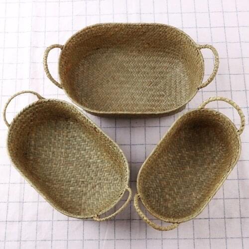 3Pcs Handmade Seagrass Storage Baskets Food Bread Organizer Sundries Container Picnic Basket Home Kitchen Organization