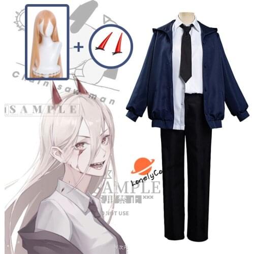 Anime Chainsaw Man Power Cosplay Costume Wig Dark Blue Jacket Shirt Suit Hairpins Halloween Party Role Play Uniform Girls Women