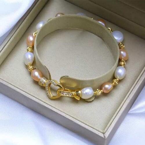 Free shipping Jewelry natural 8-9mm baroque white pink Purple black pearl bracelet 7.5-8inch micro inlay zircon crystal