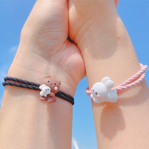 2pcs Hug Bear Bunny Magnetic Couple Bracelets Girlfriend Student Bracelet Cartoon Rubber Band Hair Rope Fashion Dates Gifts