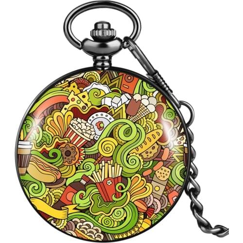 Lovely Cartoon Food Painted Pattern Pocket Watch Men Women Pendant Necklace Chain Alloy Vintage Clocks for Friends Kids Relogios