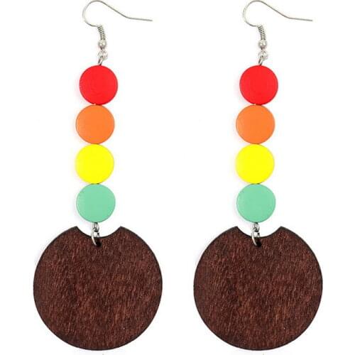 Wonderful Rainbow Mini Wood Disc Cluster Brown Wooden Round Earrings for Women New Geometric Creative Wooden Jewelry Wholesale