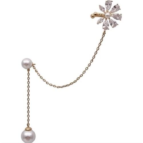 Rhinestone flower Earrings pearl chain ear clip Pearl Earrings