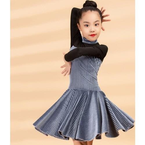 Kids Latin Dance Dresses For Girls High Collar Velvet Standard Latin Competition Clothes Cha Cha Costume Black Dress DNV14340