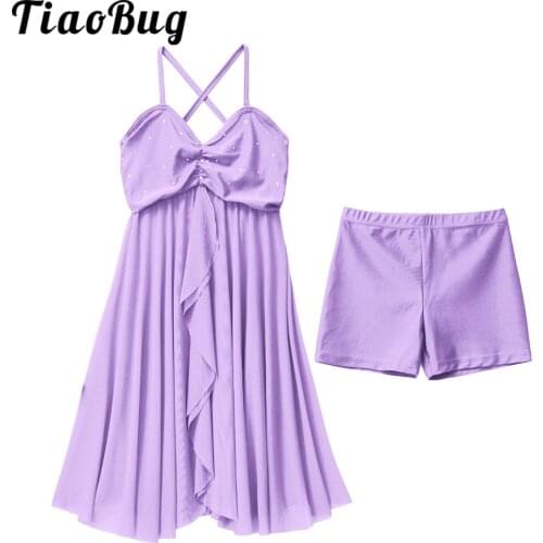 Kids Teens Lyrical Dance Dress Rhinestone Ballet Tutu Dance Leotard Dress Girls Contemporary Lyrical Dance Costumes Ballerina