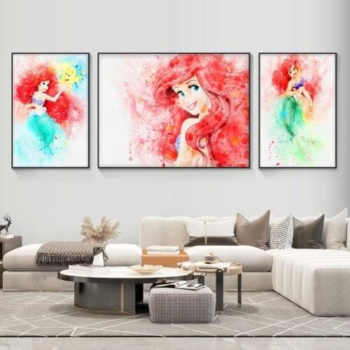 Disney Watercolor Mermaid Posters and Prints Mermaid Princess Anime Canvas Painting Nordic Cartoon Wall Art Decor Kid Home Decor