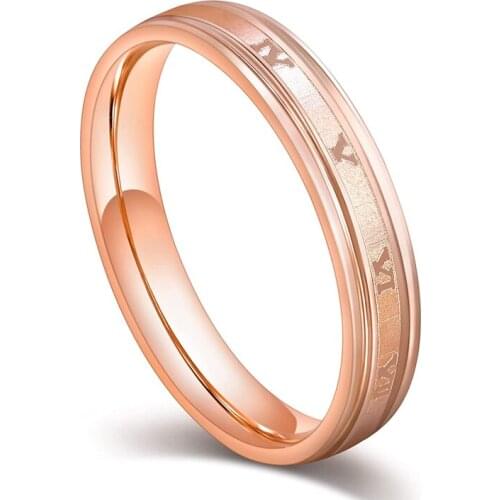 EAMTI 4mm Stainless Steel Rings for Women Men Roman Numerals Ring Rose Gold Brushed Center Stepped Edge Wedding Band Comfort