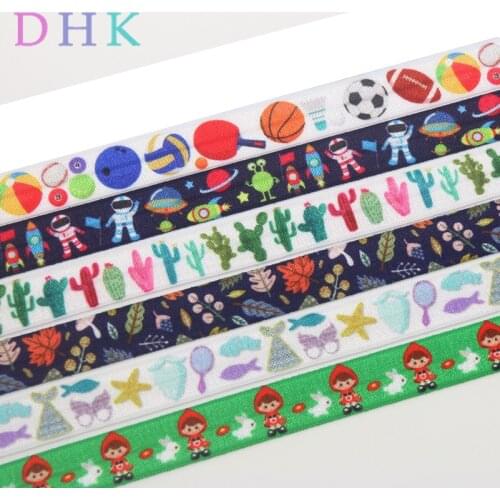 DHK 5/8'' 5yards ball cartoon cactus space printed Fold Elastic FOE stretch ribbon hairbow headwear headband DIY OEM E1635