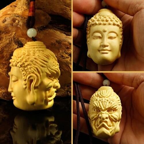 GOOD pocket travel efficacious Spiritual warning talisman two-sided buddha Devil Boxwood Handmade carving art Amulet Pendant