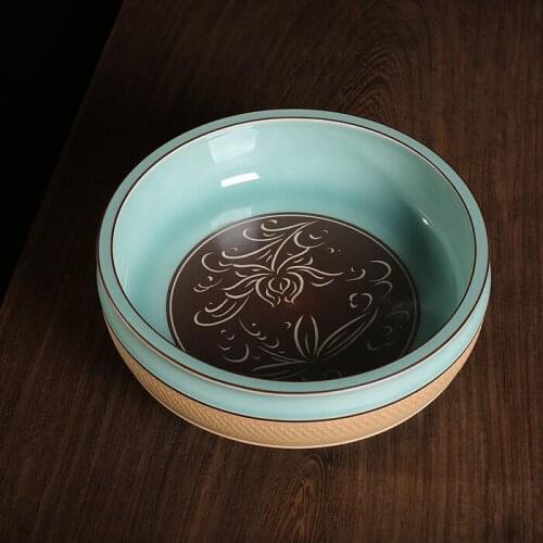 Longquan Celadon Ceramic Handmade Large Carved Jumping Knife Teacup Wash Pottery Water Dish