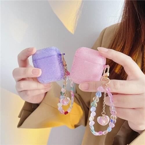 Fashion Pink Purple Earphone Case For Airpods 1 2 Pro Candy Color Soft TPU Wireless Headphone Cover with Beaded Bracelet Chain