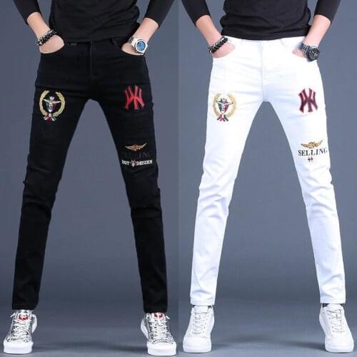 Mens embroidery slimming white jeans stretch denim pants Korea version trendy black jeans pants for men