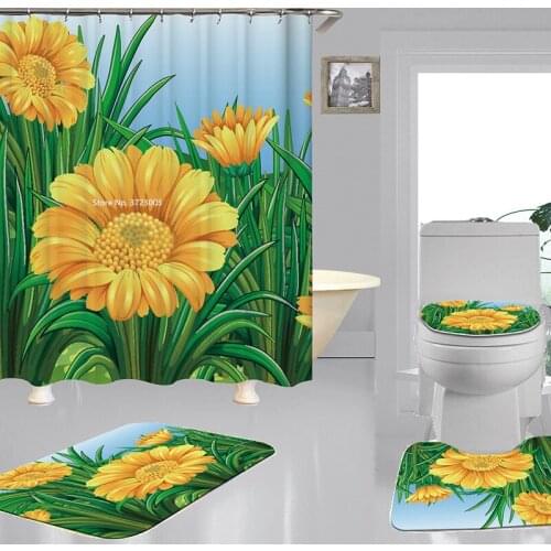 Personalized Flower Print Shower Curtain Bathroom Non-slip Floor Mat Waterproof and Mildew Proof Shower Curtain 4-piece Set