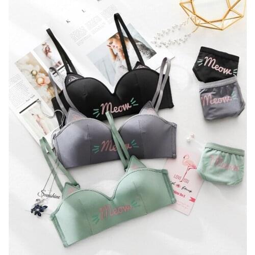 Roseheart Women Fashion Green Sexy Lingerie Sets Wireless Cotton Panties Padded Bras Push Up Bra Sets Underwear A B Kitty Lovely