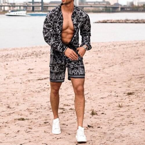 Fashion Men Sets Summer 2021 Lapel Print Long Sleeve Shirts Short Pants Casual Youth Slim Mens Beach Suit Trend Mens Clothing