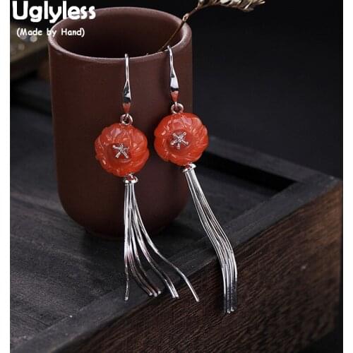 Uglyless Natural Agate Flower Earrings for Women Handmade Fine Jewelry Multi Layers Tassel Earrings Real Solid 925 Silver Bijoux
