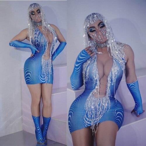 Blue Wave Pattern Sequins Fringe Wrap Hips Mini Dress Sexy Women Singer Dancer Stage Performance Outfit Nightclub Bar Costume