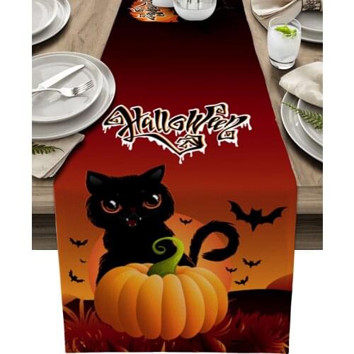Halloween Pumpkin Black Cat Bat Table Runner Luxury Wedding Decoration Table Cover Christmas Decoration Tablecloth