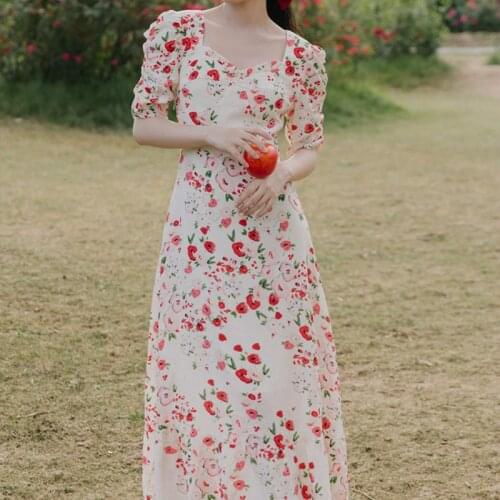 High Quality Brand New Women Sweet Floral Dress Square Neck Puff Sleeve Slim Long Dress Elegant Retro Dress Vestidos