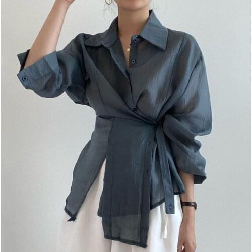 Korejpaa Women Shirt 2021 Summer Korean Fashion Simple Lapel Single-breasted Irregular Tie Waist Thin Long Sleeve Blouse Top