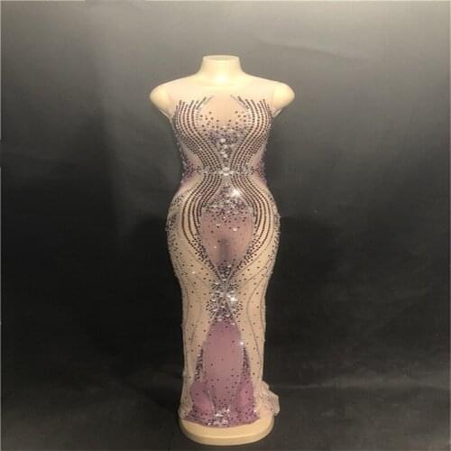 F17 Host perspective Mesh Full Diamonds Siamese Skirt long One-piece dresses female sexy stage catwalk performance wears clothe