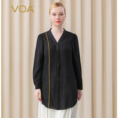 VOA Silk Tops Women Shirts V-neck Asymmetrical Open Thread Stitching Decoration Simple Perspective Long Sleeve Shirt BE358