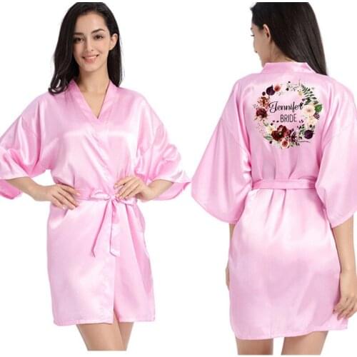 Women Satin Silk robes Gown Wedding Bride robe Flower Print Bridesmaid Bridal robe Kimono Robe Bathrobe