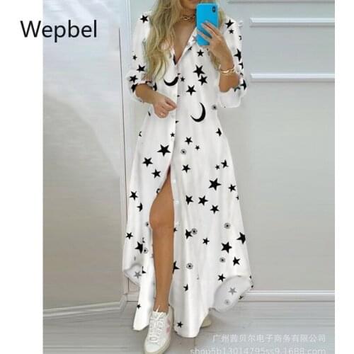 Wepbel Summer High Waist Long Dress Women Shirt Dress Star Printing Color V-neck Striped Shirt Dresses Long Sleeve Loose