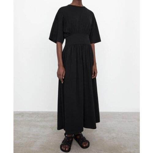 Woman Cotton T-Shirt Style Dress Round Neck Drop Shoulder Short Sleeves Slim Waist Long Dress 2021ss