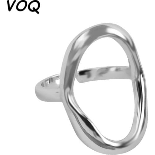VOQ 925 Sterling Silver Minimalist Irregular Hollow Ellipse Gold Silver Color Geometric Ring for Women Open Rings