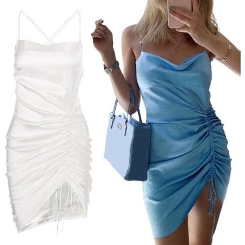 Women Sexy Sleeveless Side Ruched Drawstring Mini Sling Dress Crisscross Backless Package Hip Asymmetric Party Clubwear