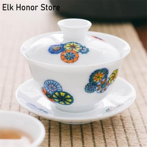 180ML Clashingcolor Ball Flower Jade Hand-painted White Porcelain Three Talent Bowl Tea Set Underglaze Tea Bowl For Tea Cup