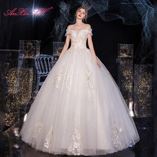 AnXin SH princess french retro flower white lace wedding dress vintage boat neck beading crystal sparkly bride wedding dress