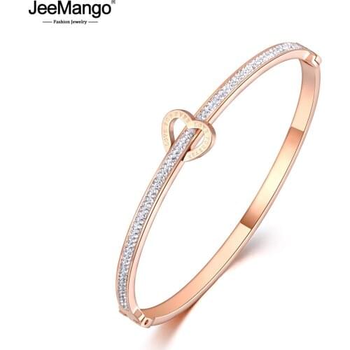 JeeMango Rose Gold Stainless Steel Love For Ever Rhinestone Cuff Bangles Bracelet Jewelry For Women Valentines Day Gift JB19032