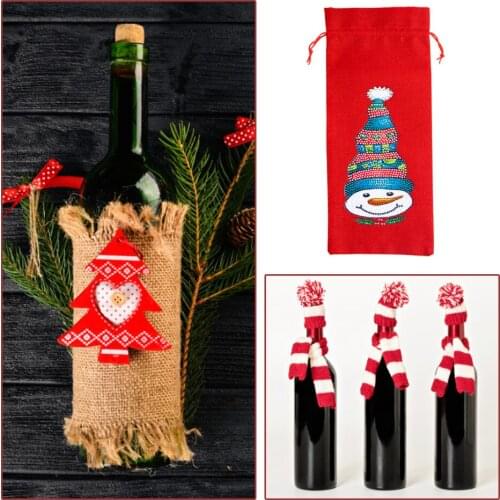 DIY Drill Diamond Painting Christmas Wine Bottle Bags Cover Merry Christmas Xmas Wine Bottle Drawstring Bag New Year Table Decor