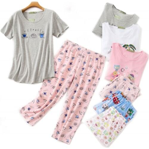 Summer Female Casual Cartoon Pajama sets Ladies 100% Cotton Sleepwear suit Women pijama mujer grande women pajama short sets XXL