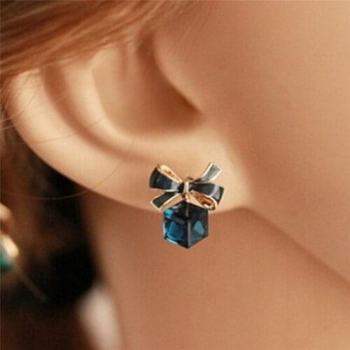Cute Blue Bowknot Square Gift Shape Crystal Drop Earrings For Women Vintage Fashion Rhinestone Dangle Earrings Graceful