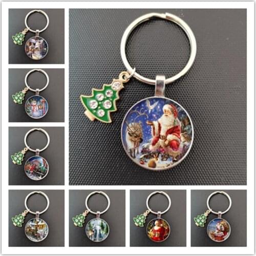 Fashion Merry Christmas Pendent Glass Keychain Santa Claus Key Ring Christmas Bell Key Holder Gift for New Year