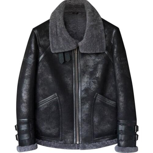 Mens Shearling Jacket Flight Jacket B3 Short Leather Jacket Mans Sheepskin Aviator Fur Coat