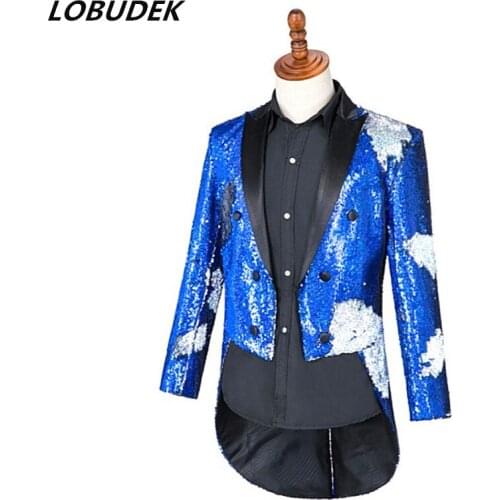2018 Male Latest Fashion Autumn Winter Tailcoat Flips Sequins Swallowtail Evening Party Singer Host Costume Magician Show Tuxedo