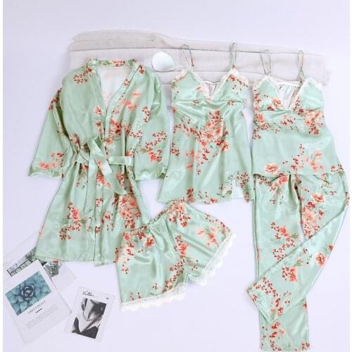 Print Pajamas Set Silky Women 5 Piece Sleepwear Satin Lace Sleep Pyjama Lounge With Belt Chest Pads Sexy Strap Home Nightwear