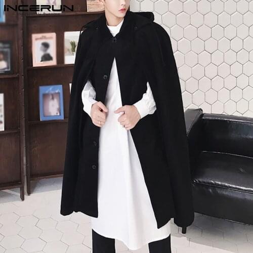 Fashion Men Cloak Coats Hooded Solid Color Loose Long Ponchos Single Breasted 2021 Streetwear Autumn Cape Trench Men 5XL INCERUN
