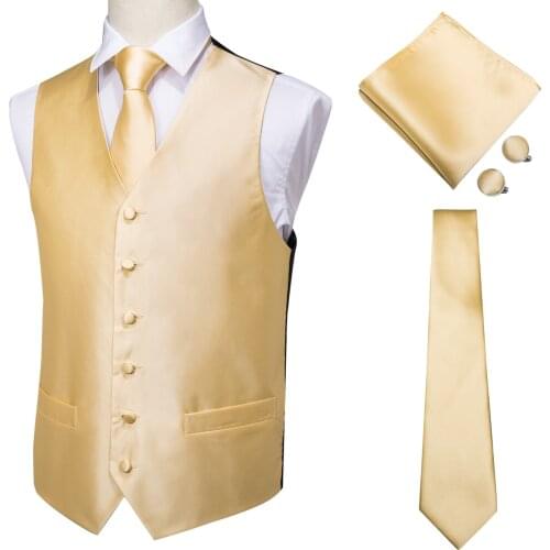 Hi-Tie Silk Champagne Vest Set For Men Gold Smart Casual Mens Vest Suit Yellow Waistcoat for Wedding Business Formal Jacket